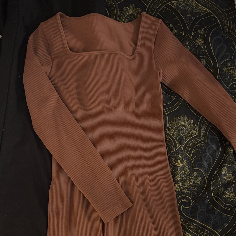 Elegant OQQ Long Sleeve Dress in Warm Brown